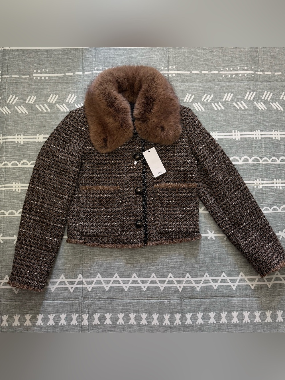 Mango Women’s Brown Tweed Jacket with Fur Collar